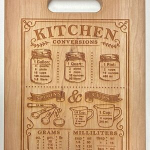 Cherry cutting board with kitchen conversions engraving.