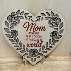 Laser Cut Wooden Heart “Mom” Plaque